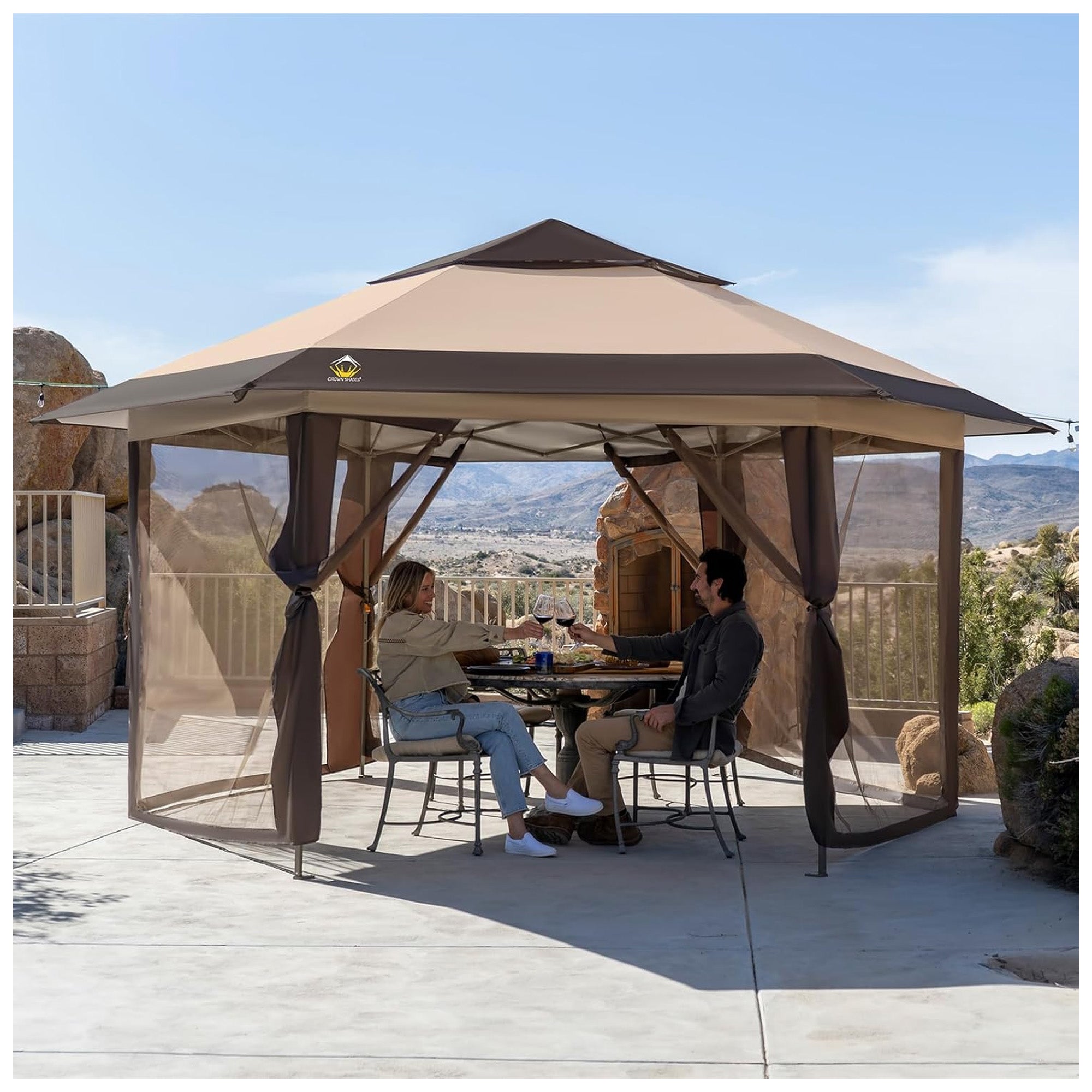 CROWN SHADES 12x12 Pop Up Gazebo, Canopy Tent for Events, Beige/Coffee (Used) - VMInnovations