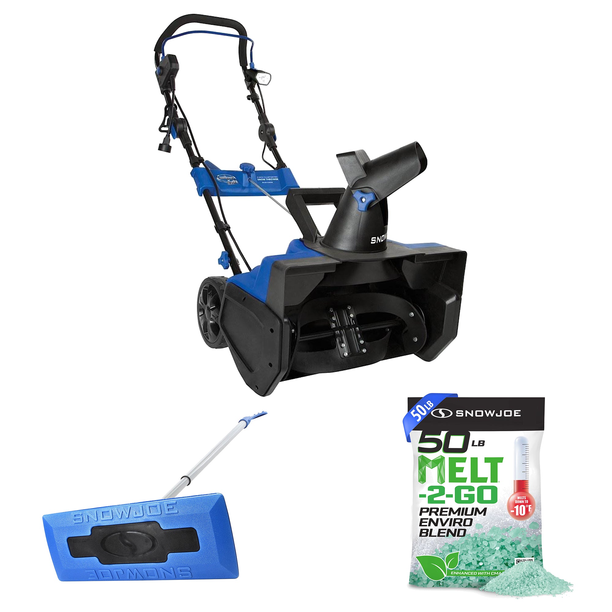 Snow Joe Electric Snow Thrower Bundled with Snow Broom & Ice Melt Pellets, Blue