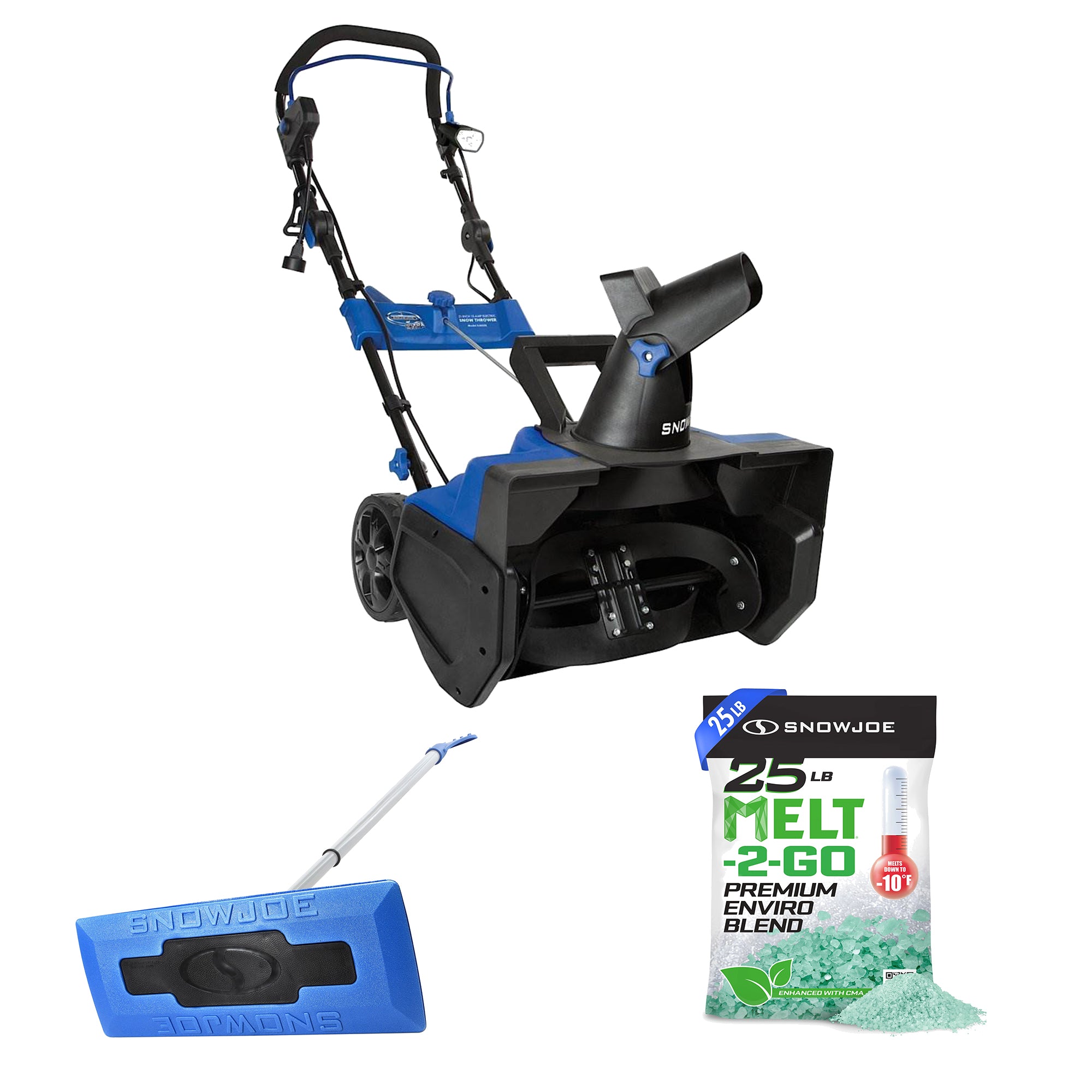 Snow Joe Electric Snow Thrower Bundled with Snow Broom & Ice Melt Pellets, Blue - VMInnovations