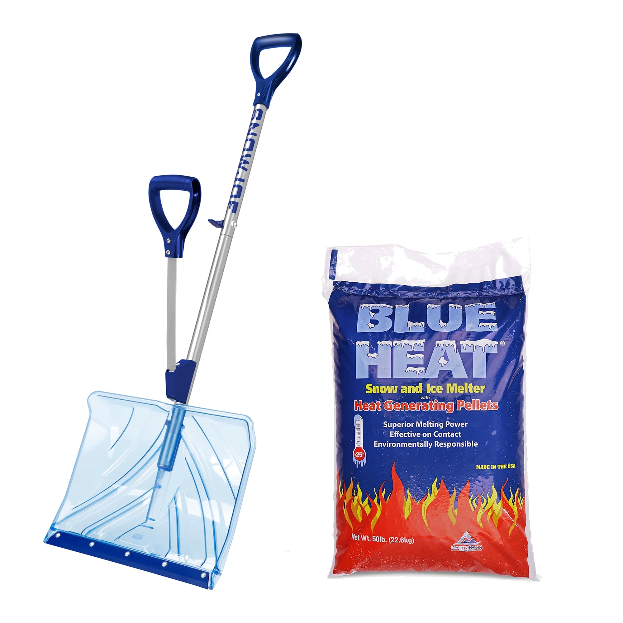 Snow Joe Shovelution Snow Shovel Bundled with Blue Heat Ice Melt, Durable, Blue
