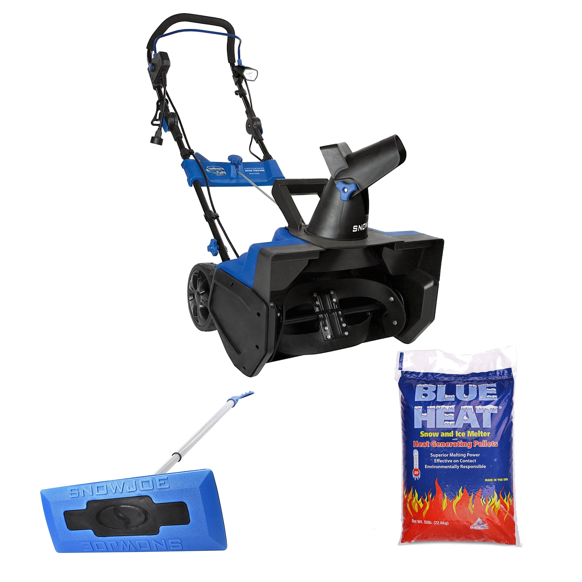 Snow Joe Electric Snow Thrower Bundled with Snow Broom & Ice Melt Pellets, Blue - VMInnovations