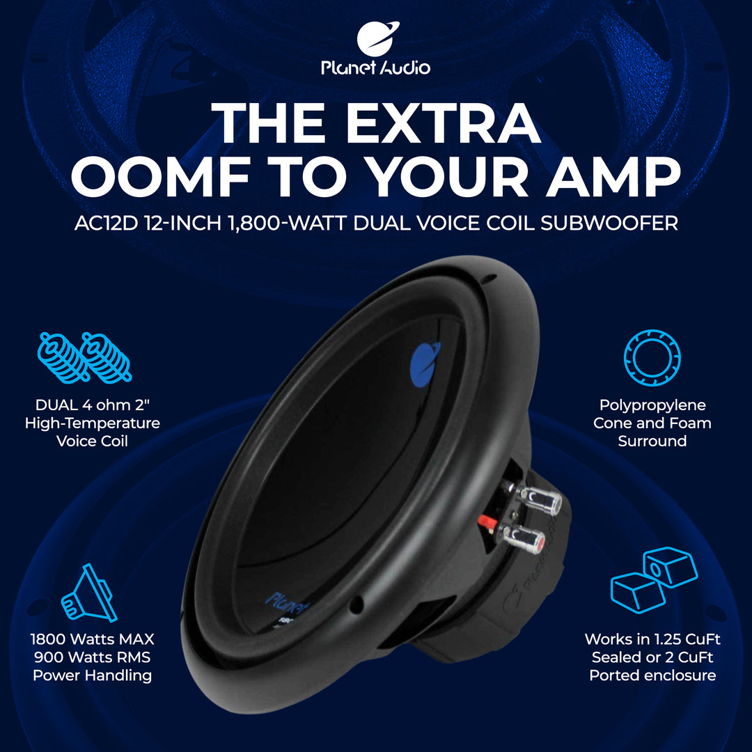 Planet Audio AC12D 12 Inch 1800 Watts 4 Ohm Dual Voice Coil Car Audio Subwoofer - VMInnovations