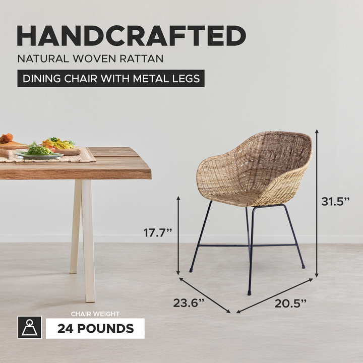 texxture Ormond Woven Rattan Dining Chair Metal Legs for Home Furniture, Natural - VMInnovations