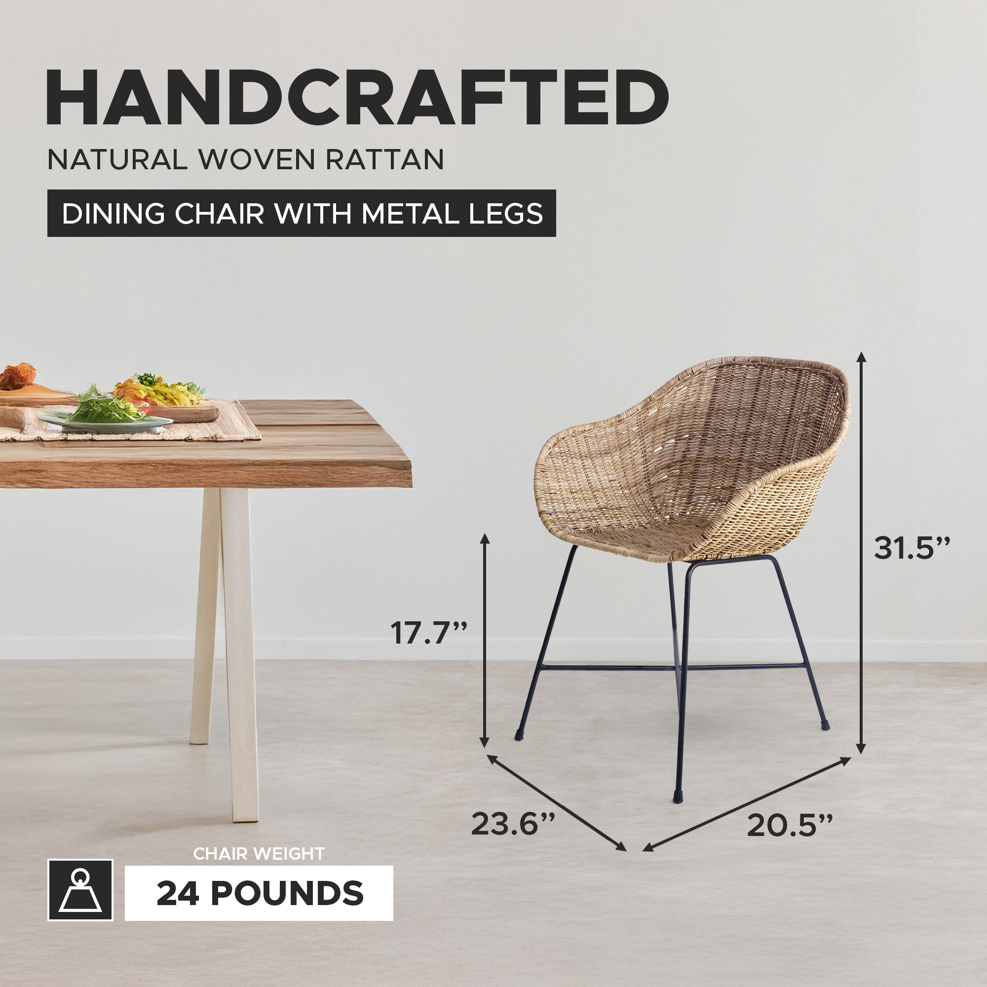 texxture Ormond Woven Rattan Dining Chair Metal Legs for Home Furniture, Natural - VMInnovations