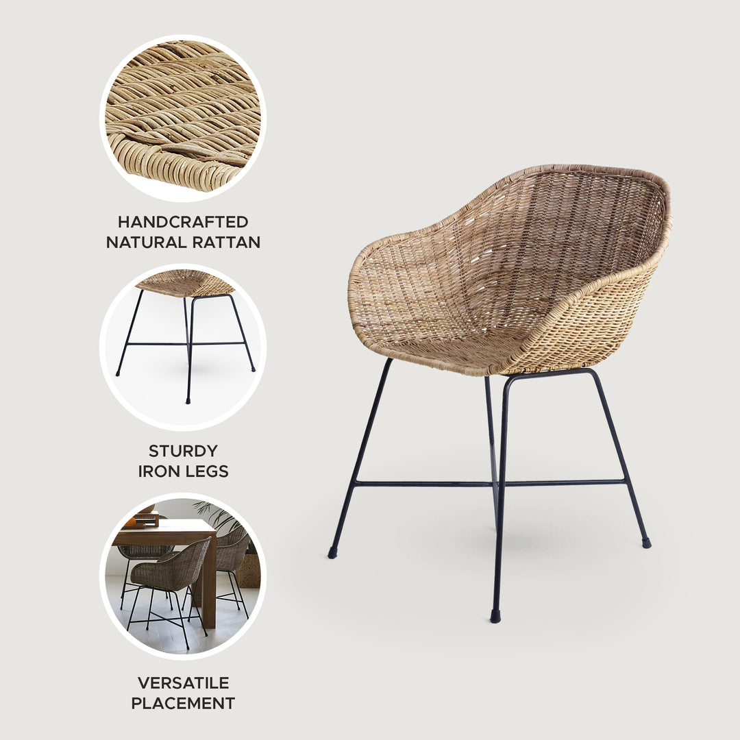 texxture Ormond Woven Rattan Dining Chair Metal Legs for Home Furniture, Natural - VMInnovations