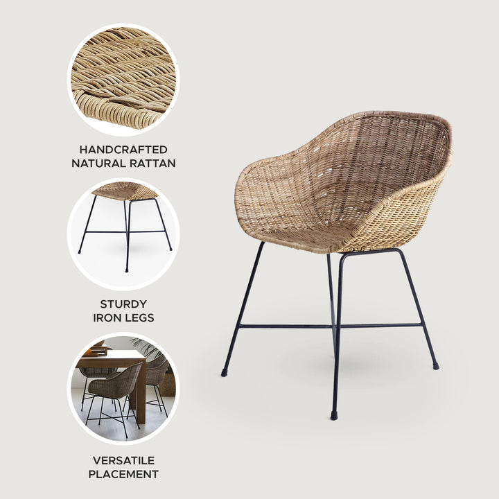 texxture Ormond Woven Rattan Dining Chair Metal Legs for Home Furniture, Natural - VMInnovations
