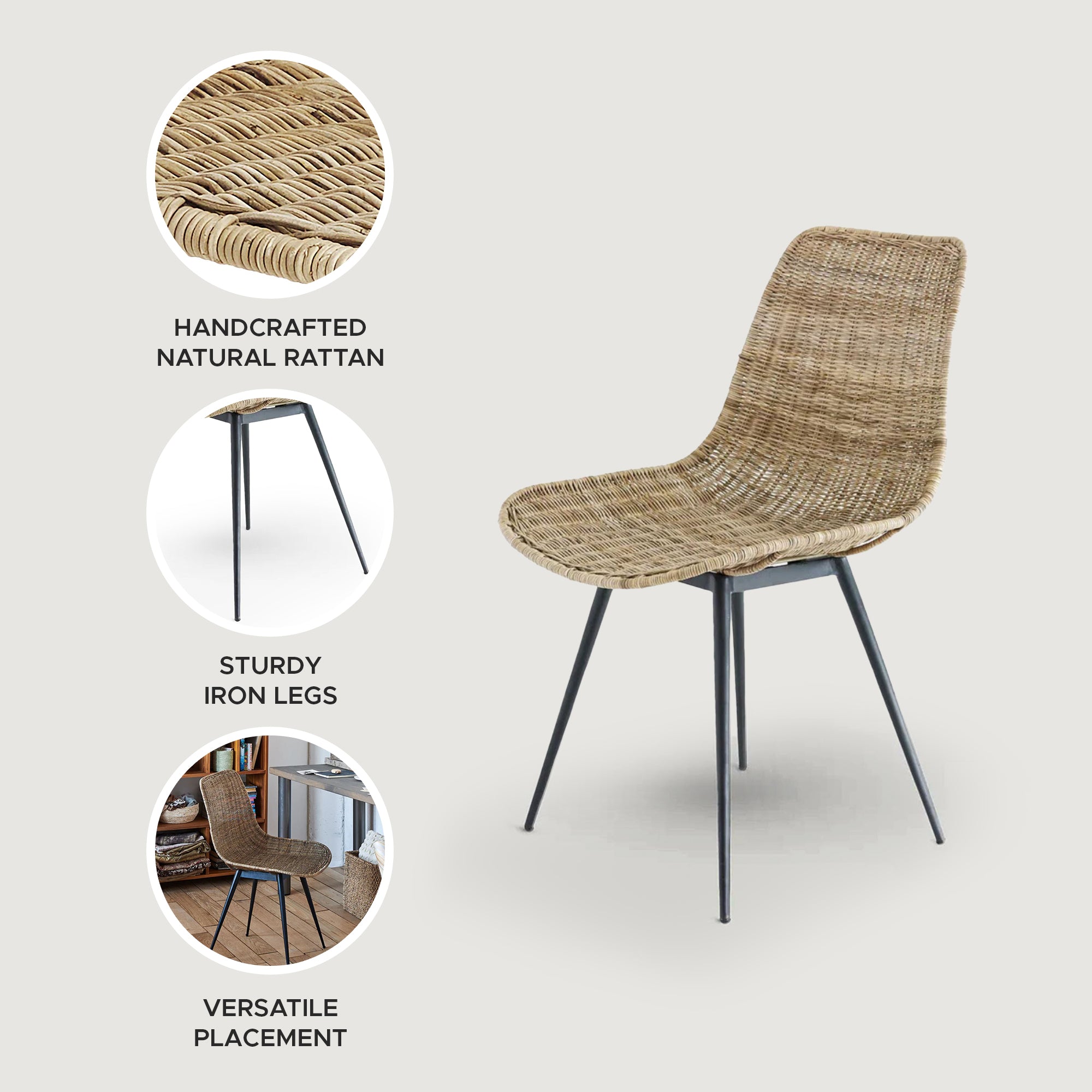 texxture Ormond Woven Rattan Side Chair w/Metal Legs, Natural (Open Box) - VMInnovations