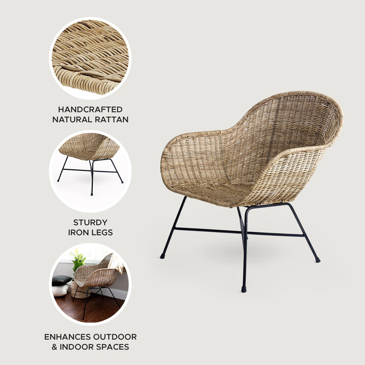 texxture Ormond Woven Rattan Patio and Lounge Chair with Metal Legs, Natural - VMInnovations