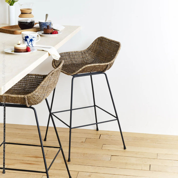 texxture 2 Pack Ormond Woven Rattan Bar Stool Metal Legs Home Furniture, Natural - VMInnovations