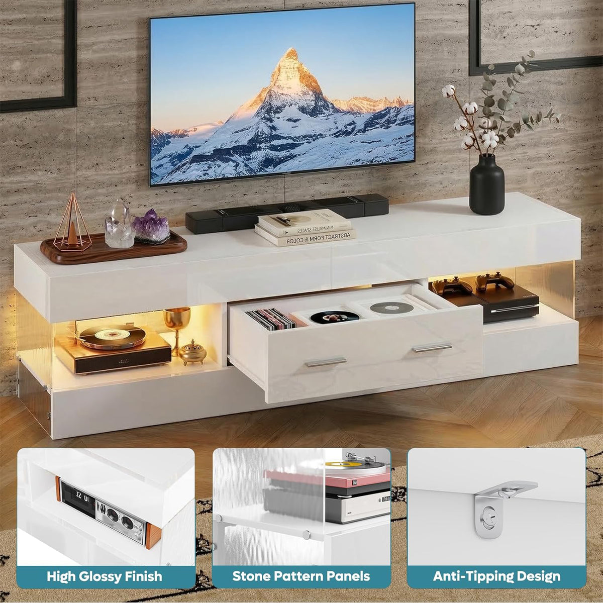 Bestier 55/60/65 Inch TV Stand, Modern Console Table, Glossy White (Used)