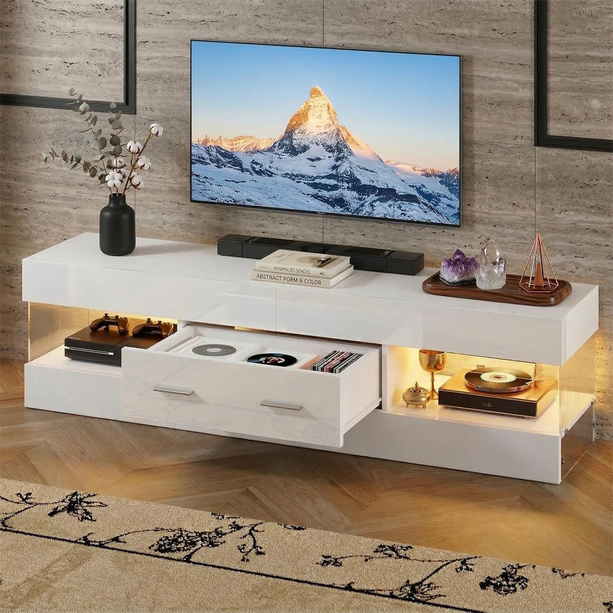 Bestier 55/60/65 Inch TV Stand, Modern Console Table, Glossy White (Used)