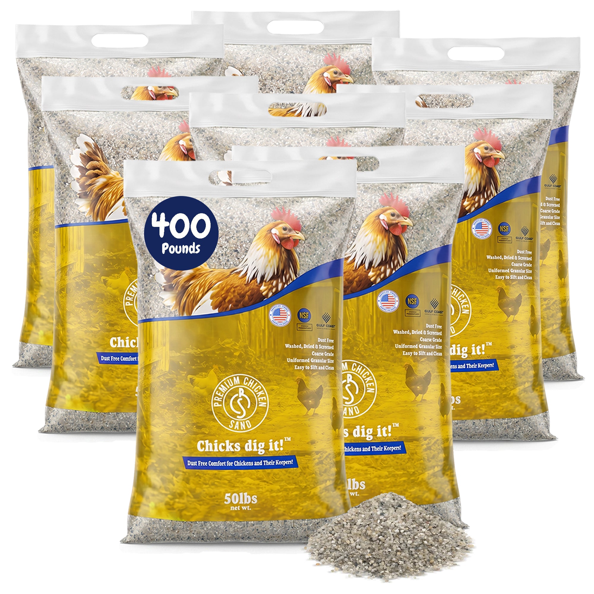 Premium Chicken Sand, Odor Eliminating Bedding for Coops, 50 Lb Bag, 8 Pack