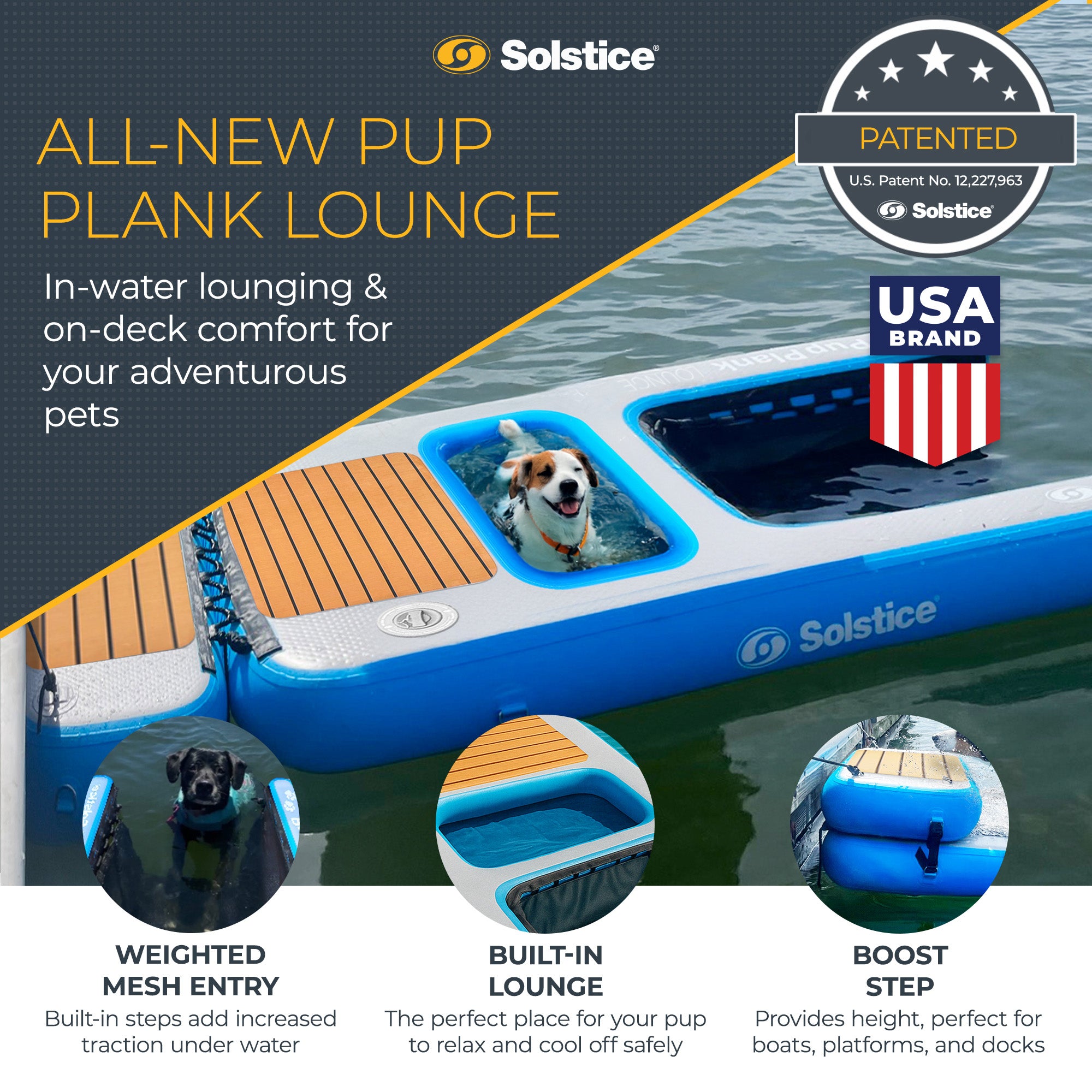 Solstice Inflatable Pup Plank Lounge Floating Ramp Dog Raft for 250+ lb Pets