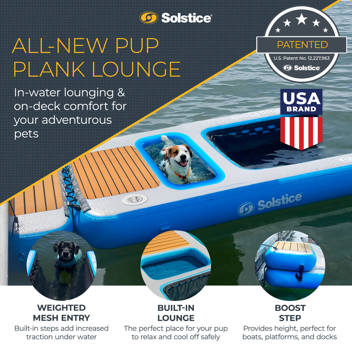 Solstice Inflatable Pup Plank Lounge Floating Ramp Dog Raft for 250+ lb Pets - VMInnovations