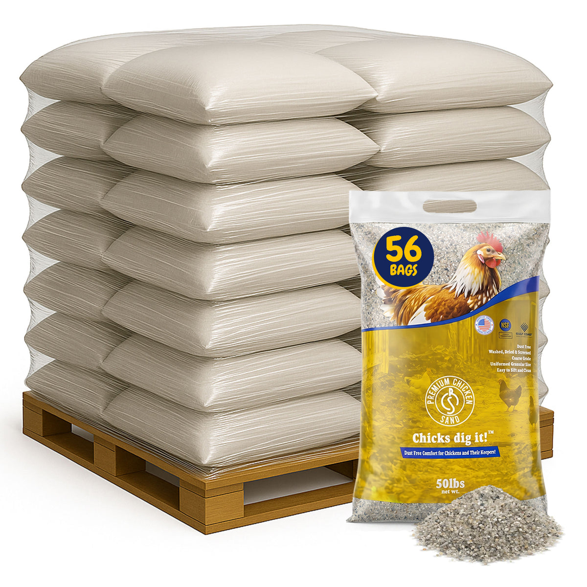 Premium Chicken Sand, Odor Eliminating Bedding for Coops, 50 Lb Bag, 56 Pack - VMInnovations