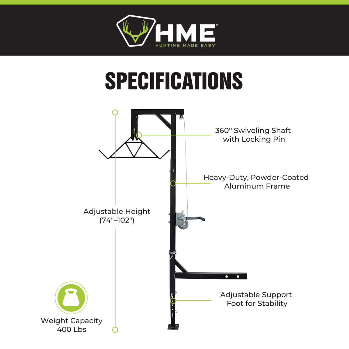 HME Game Hoist Kit, Winch Gambrel, 400lb Capacity, Adjustable Height (Open Box) - VMInnovations