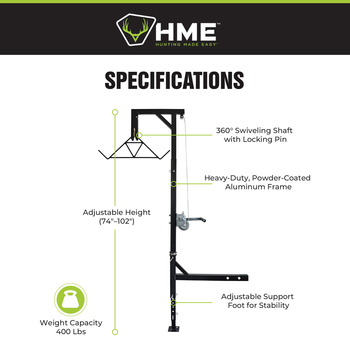 HME Game Hoist Kit, Winch Gambrel, 400lb Capacity, Adjustable Height (Used)