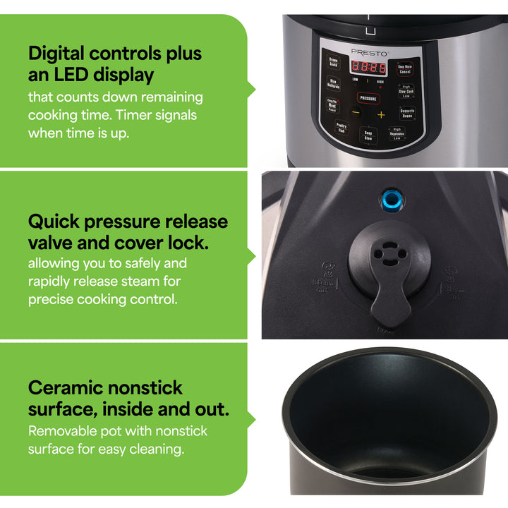 Presto 02141 6 Qt Electric Pressure Cooker Plus Programmable Slow Cooker, Silver - VMInnovations