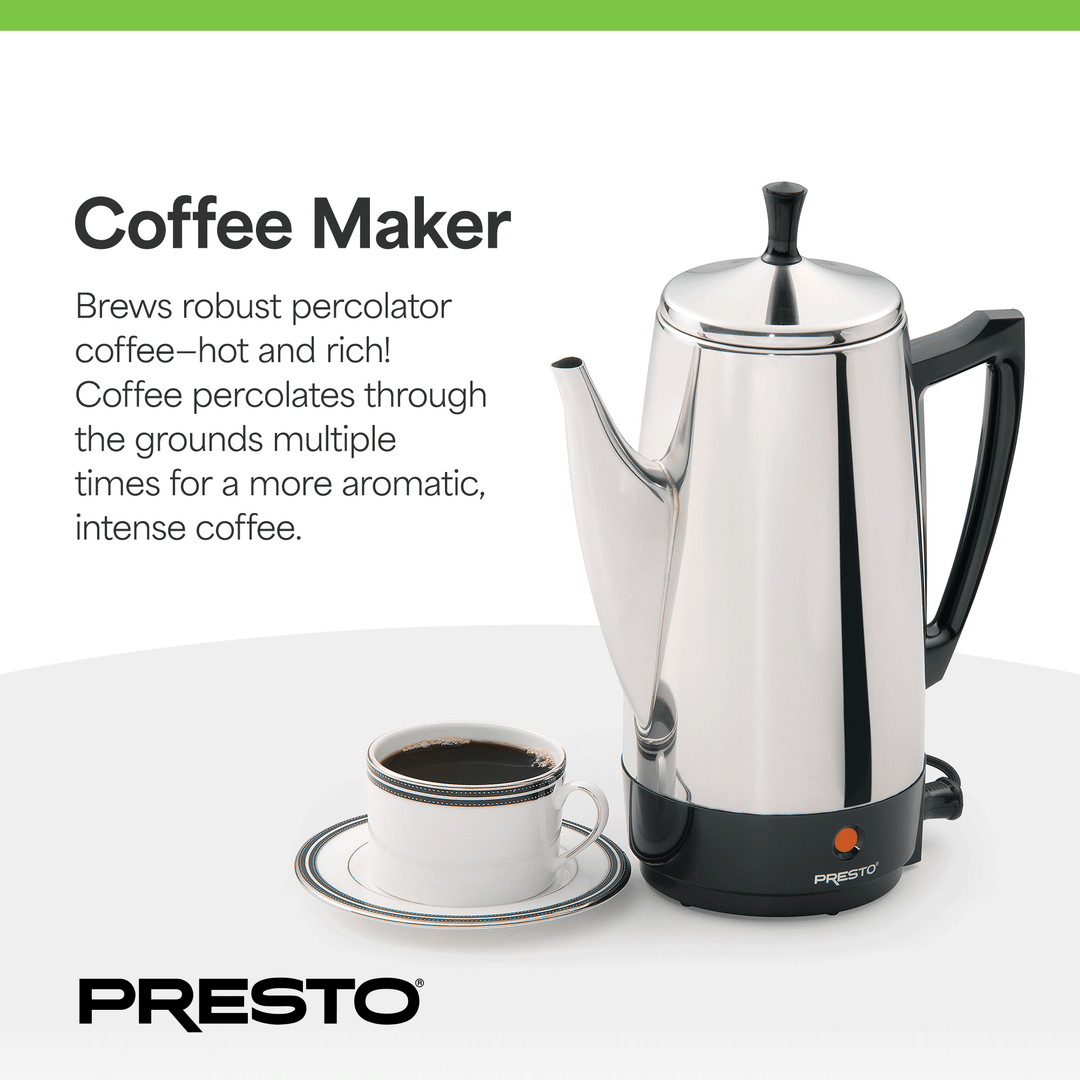 Presto Stainless Steel Coffee Maker, 12 Cup Robust Percolator Coffee, Silver - VMInnovations