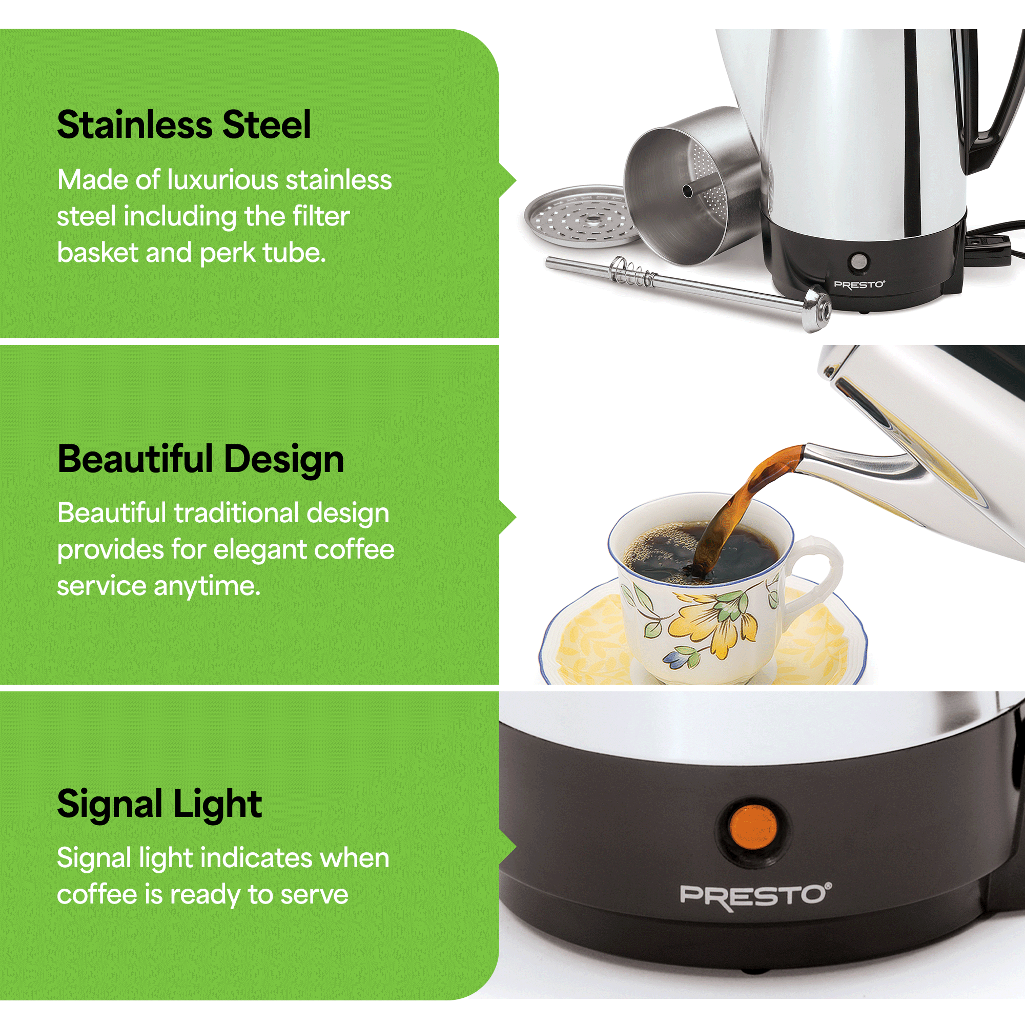 Presto Stainless Steel Coffee Maker, 12 Cup Robust Percolator Coffee (Open Box)
