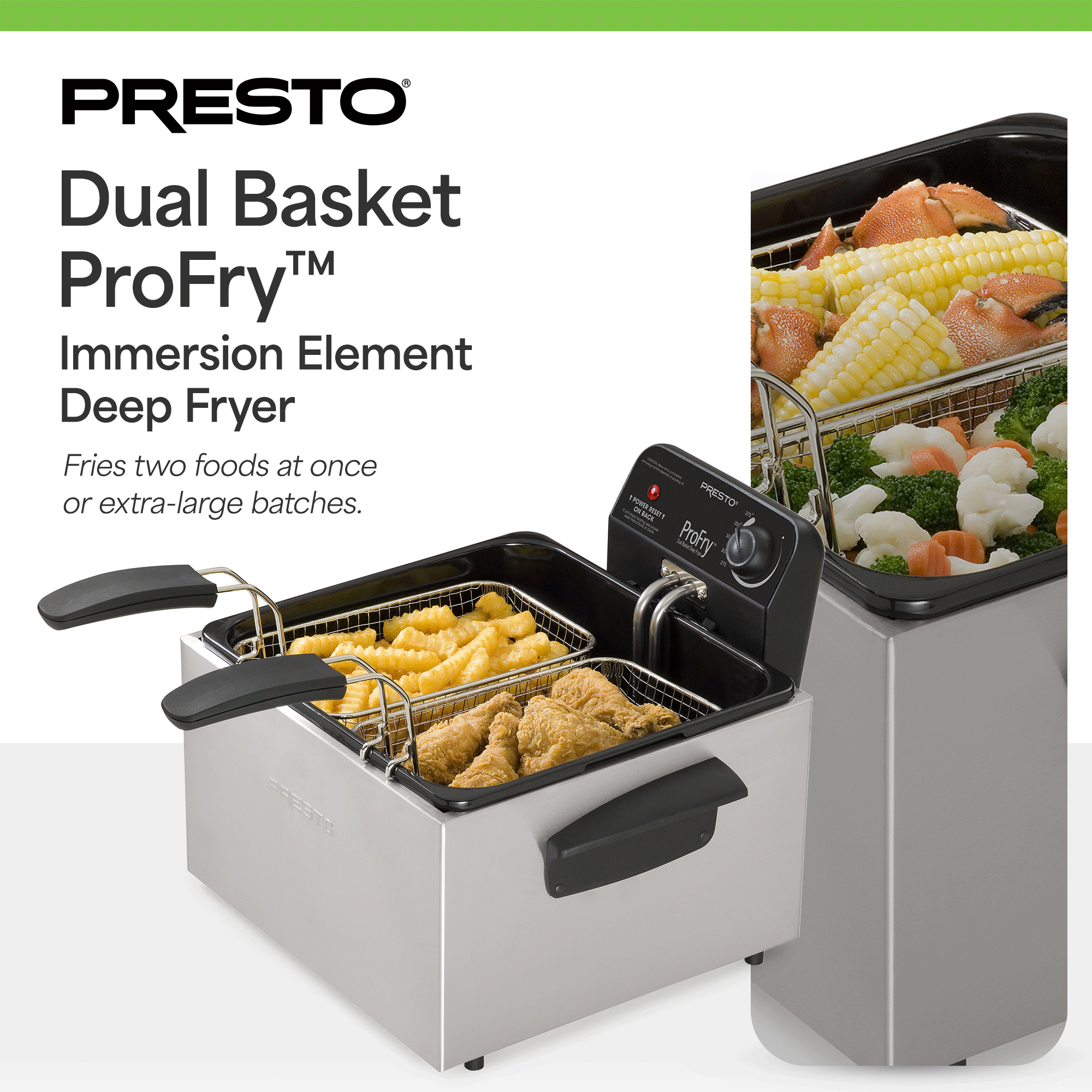 Presto ProFry Dual Basket Deep Fryer, 1800W Immersion Element, Stainless Steel - VMInnovations