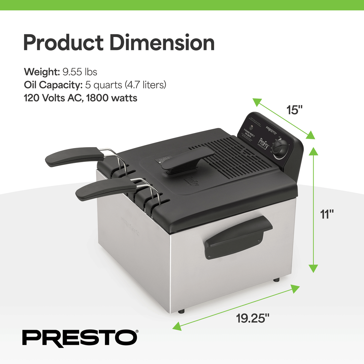 Presto ProFry Dual Basket Deep Fryer, 1800W Immersion Element, Stainless Steel