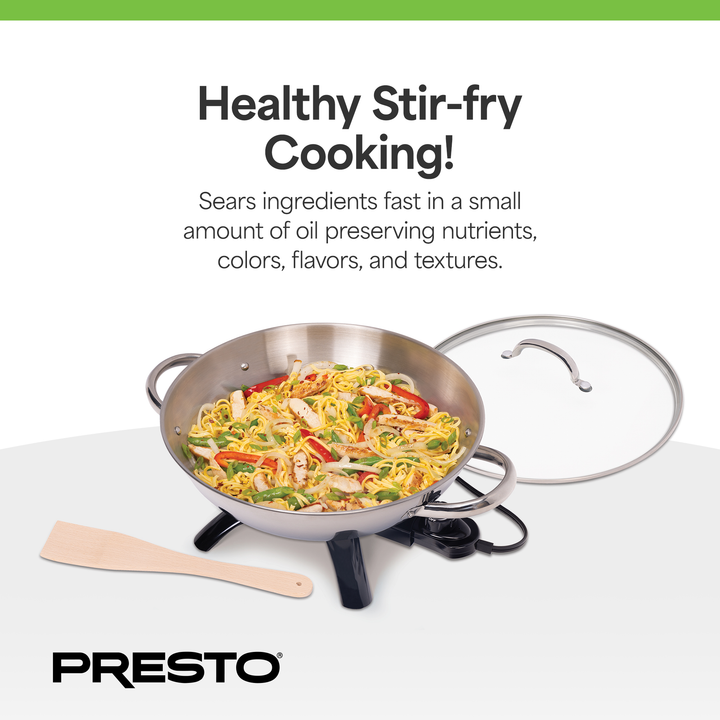 Presto 1500 Watt Stainless Steel Electric Wok with Glass Lid and Wooden Spatula