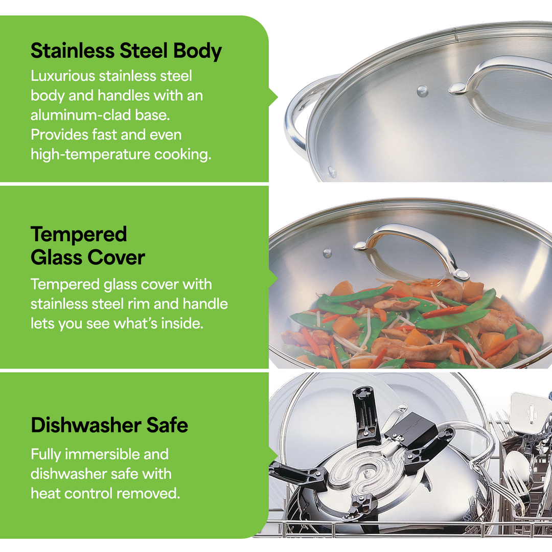 Presto 1500 Watt Stainless Steel Electric Wok with Glass Lid and Wooden Spatula