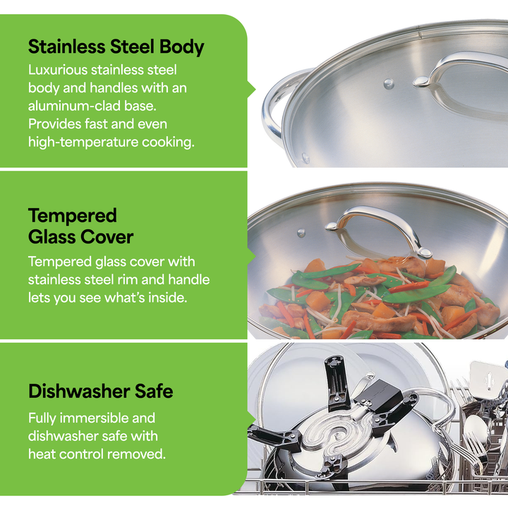 Presto 1500 Watt Stainless Steel Electric Wok with Glass Lid and Wooden Spatula