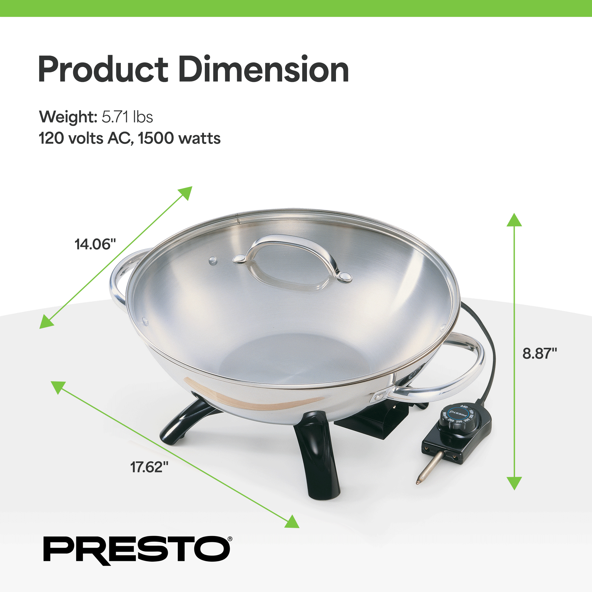 Presto 1500 Watt Stainless Steel Electric Wok w/Glass Lid & Spatula (Open Box) - VMInnovations