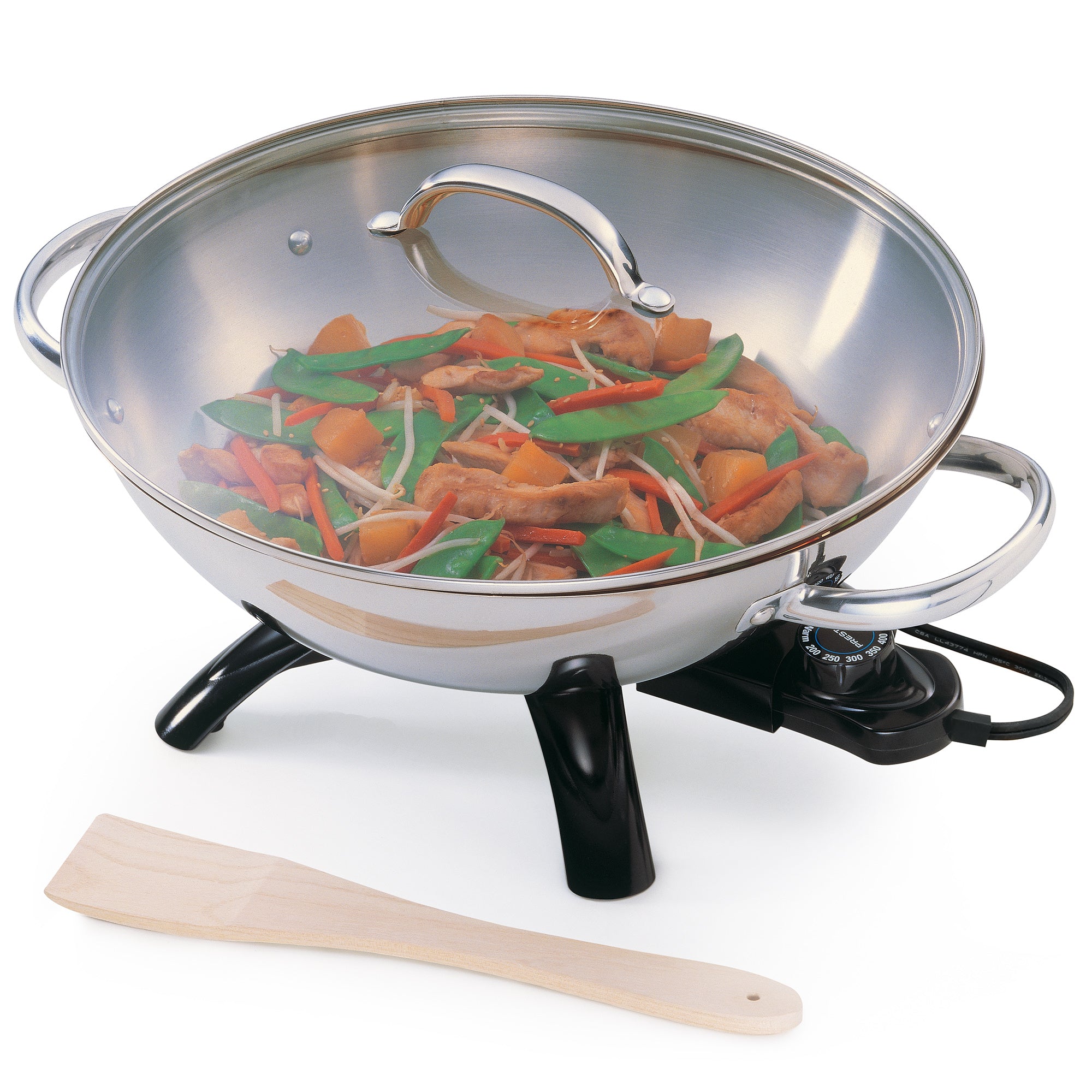 Presto 1500 Watt Stainless Steel Electric Wok with Glass Lid and Wooden Spatula - VMInnovations