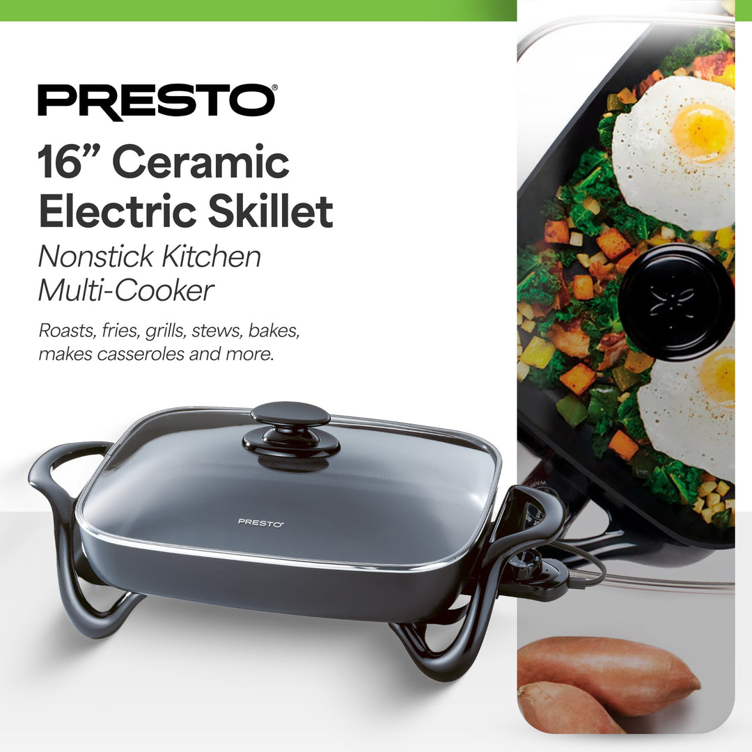 Presto Electric Skillet with Glass Lid, Nonstick Multi-Cooker, 16 Inch, Black