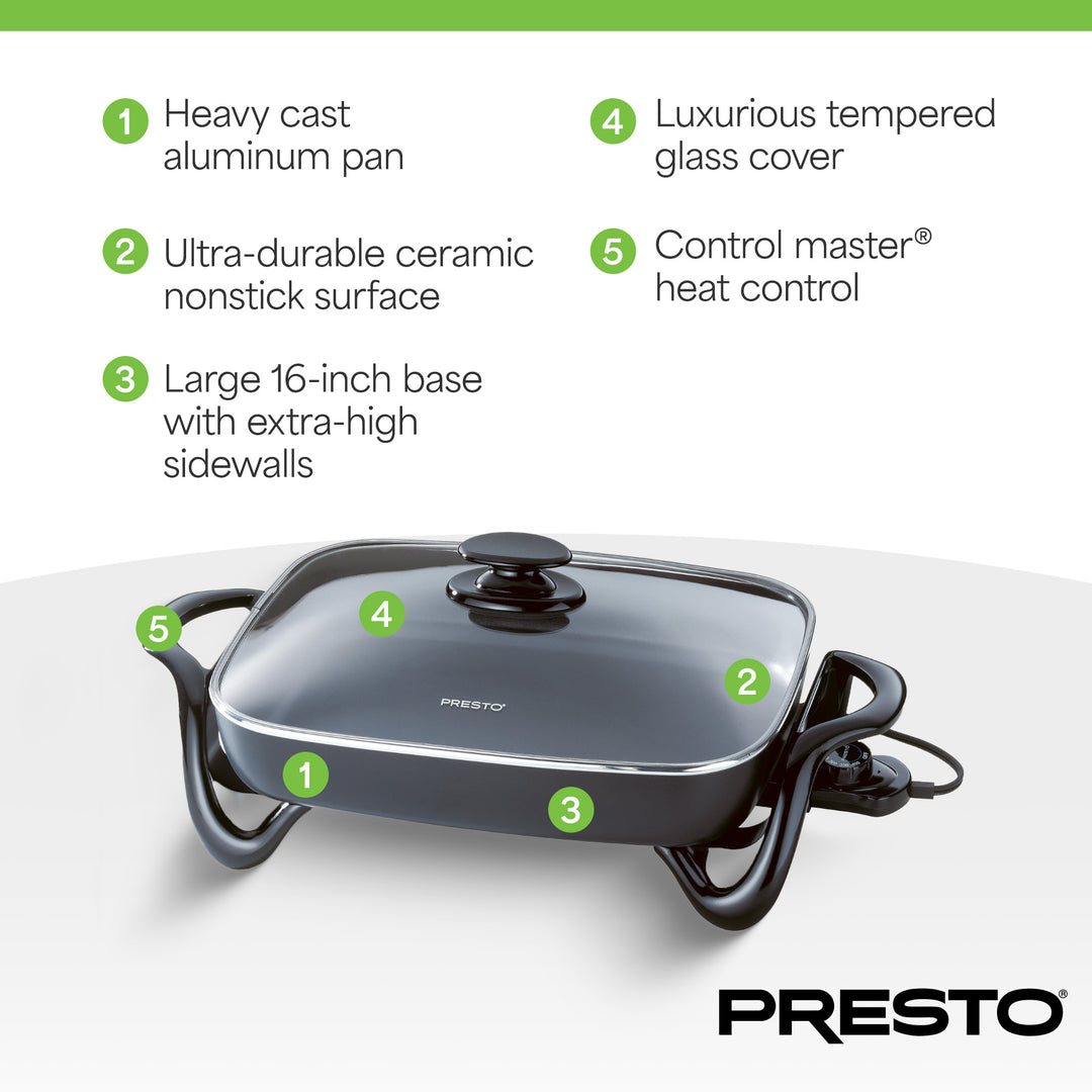 Presto Electric Skillet with Glass Lid, Nonstick Multi-Cooker, 16 Inch, Black