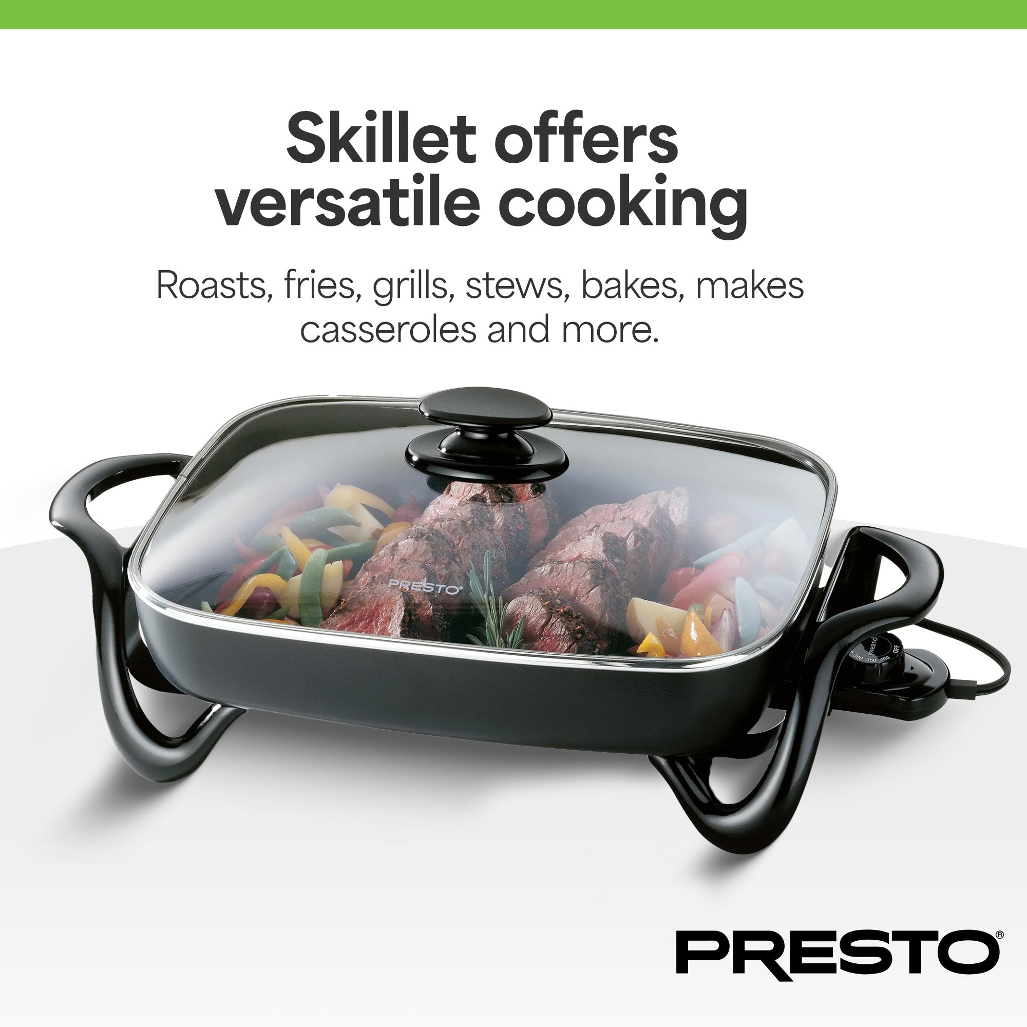 Presto Electric Skillet with Glass Lid, Nonstick Multi-Cooker, 16 Inch, Black - VMInnovations