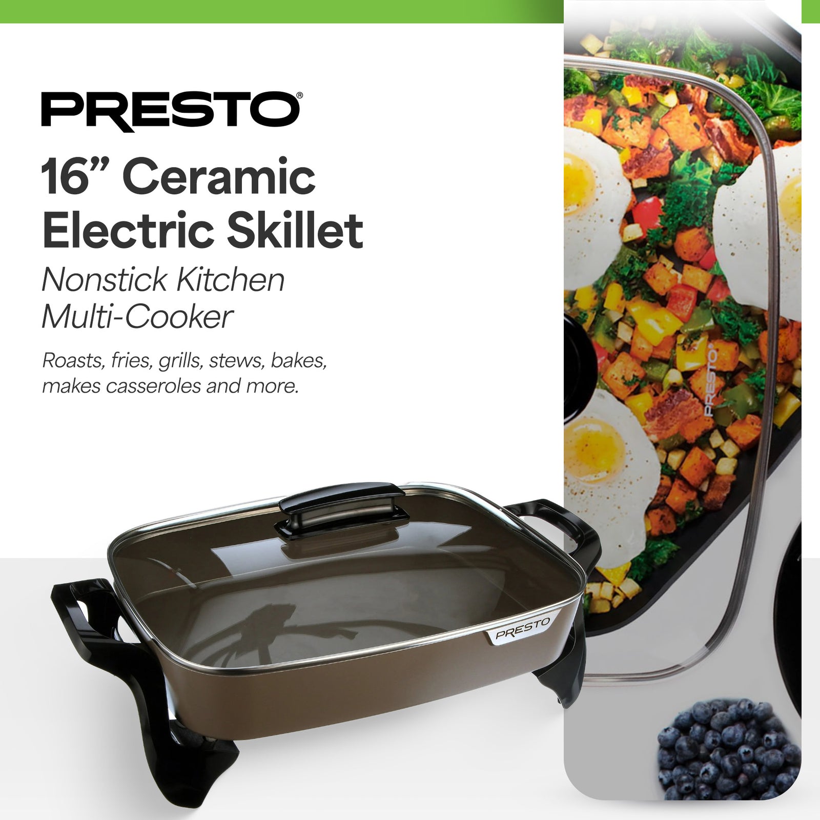 Presto Electric Skillet with Glass Lid, Nonstick Multi-Cooker, 16 Inch, Gray - VMInnovations