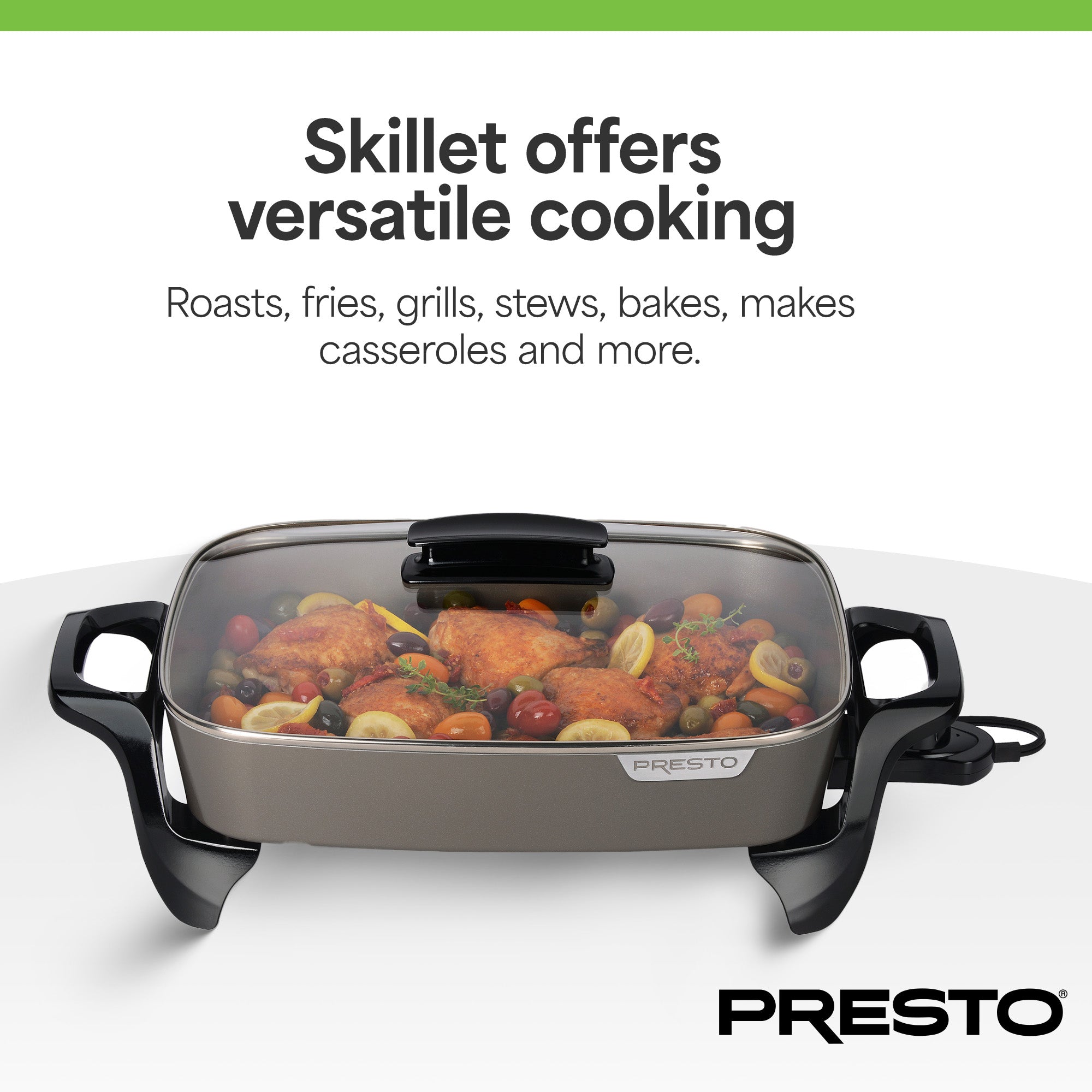 Presto Electric Skillet w/Glass Lid, Nonstick Multi-Cooker, 16", Gray (Open Box) - VMInnovations