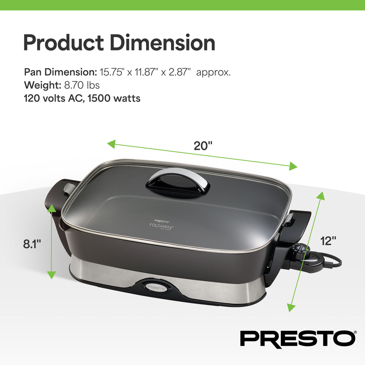 Presto Electric Foldaway Nonstick Skillet with Tempered Glass Lid, 16", (Used) - VMInnovations