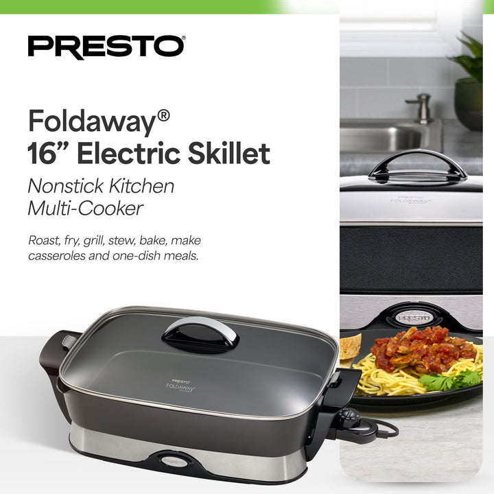 Presto Electric Foldaway Nonstick Skillet with Tempered Glass Lid, 16", Black - VMInnovations