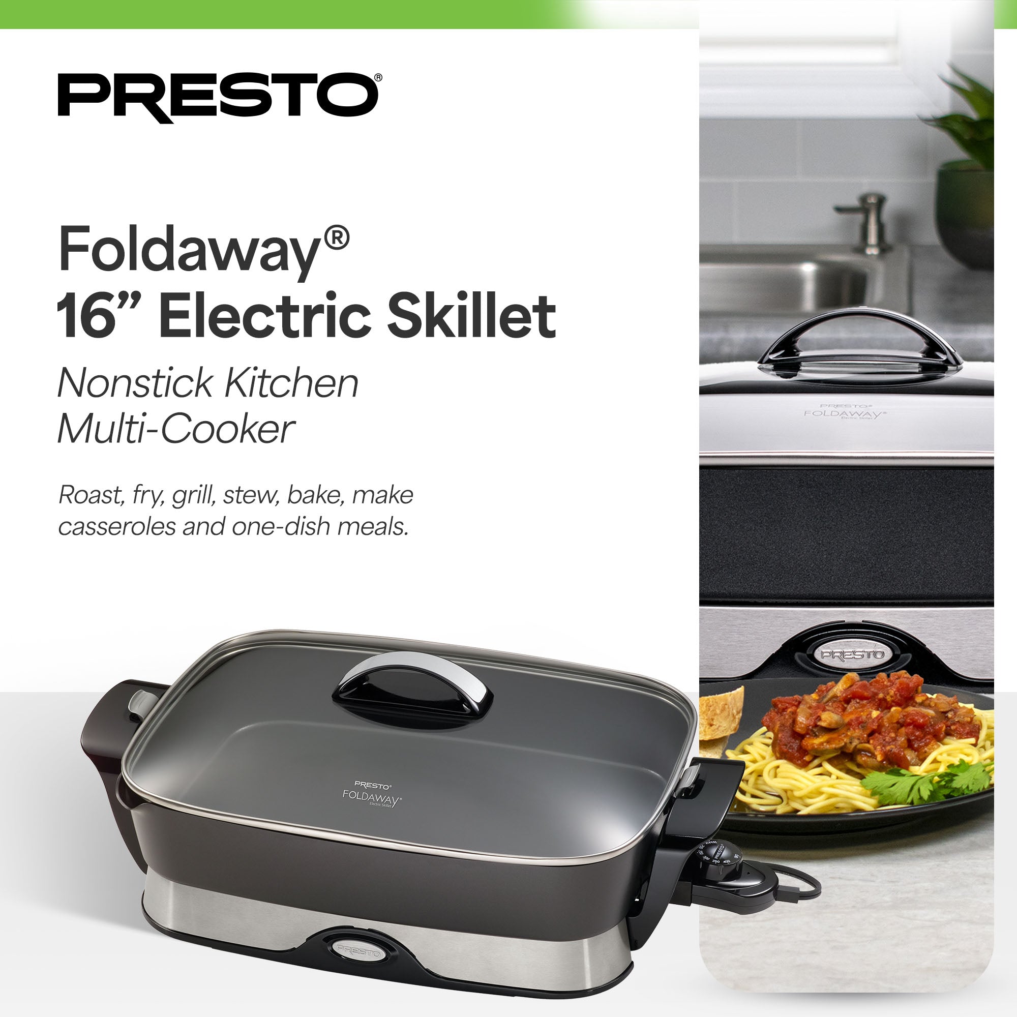 Presto Electric Foldaway Nonstick Skillet with Tempered Glass Lid, 16", (Used)