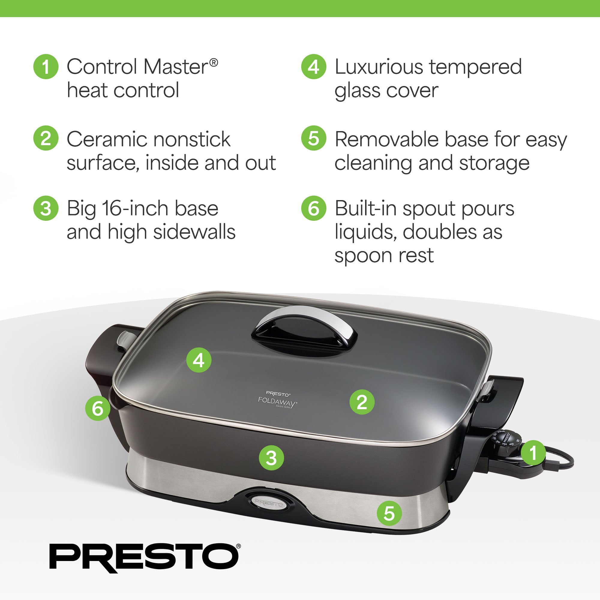 Presto Electric Foldaway Nonstick Skillet with Tempered Glass Lid, 16", (Used)