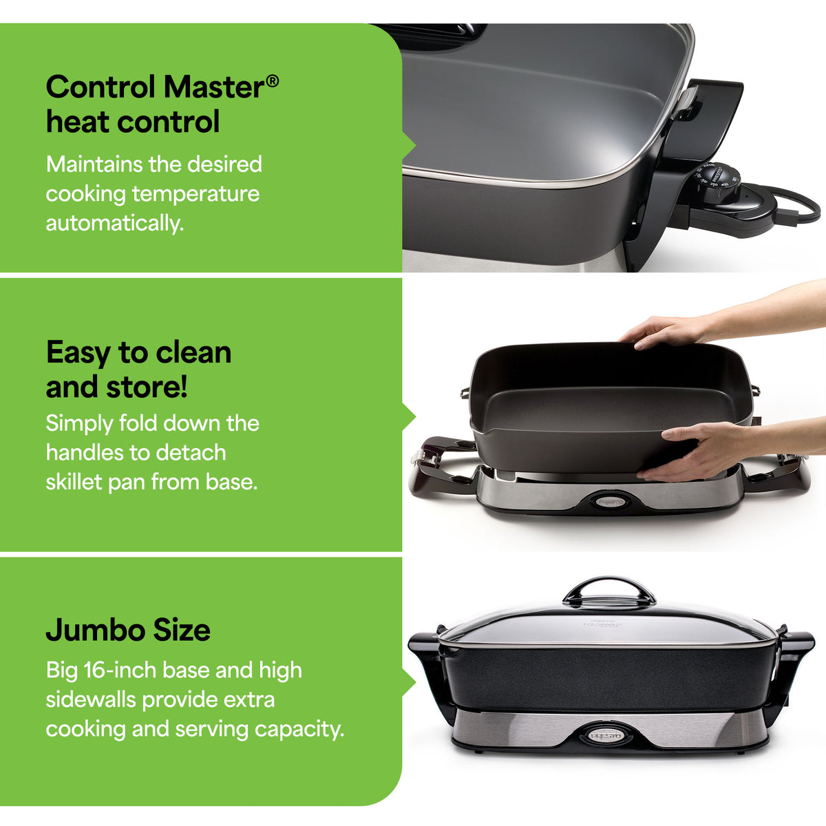 Presto Electric Foldaway Nonstick Skillet with Tempered Glass Lid, 16", (Used) - VMInnovations