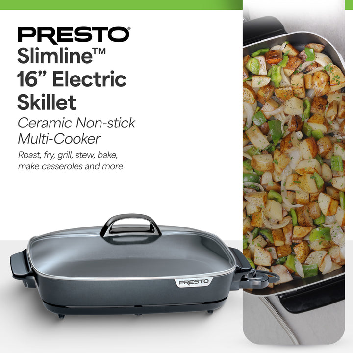 Presto Slimline Nonstick Electric Skillet with Tempered Glass Lid, 16", Black - VMInnovations