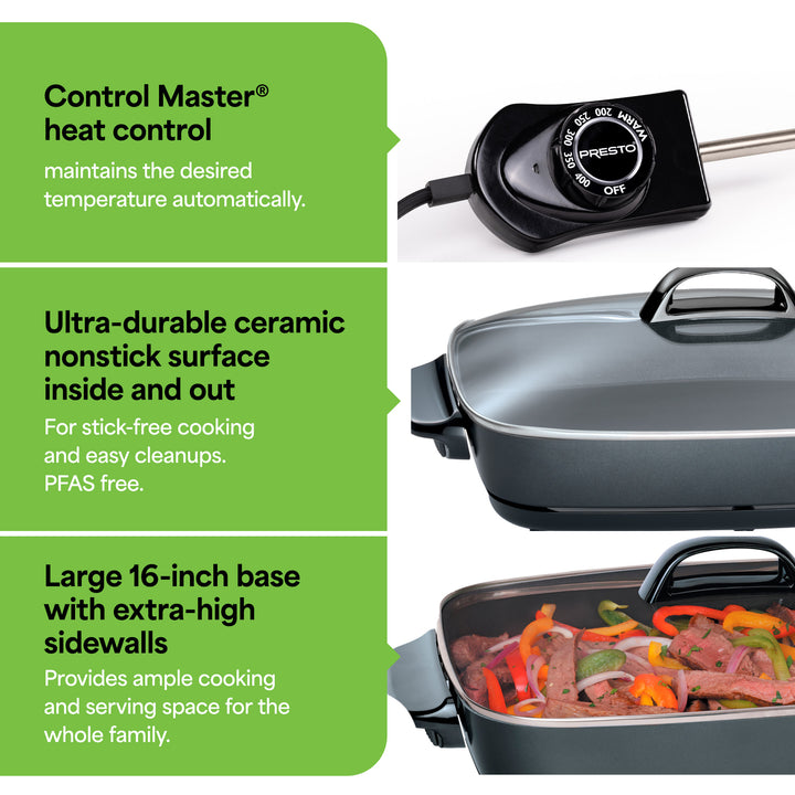Presto Slimline Nonstick Electric Skillet with Tempered Glass Lid, 16", Black - VMInnovations