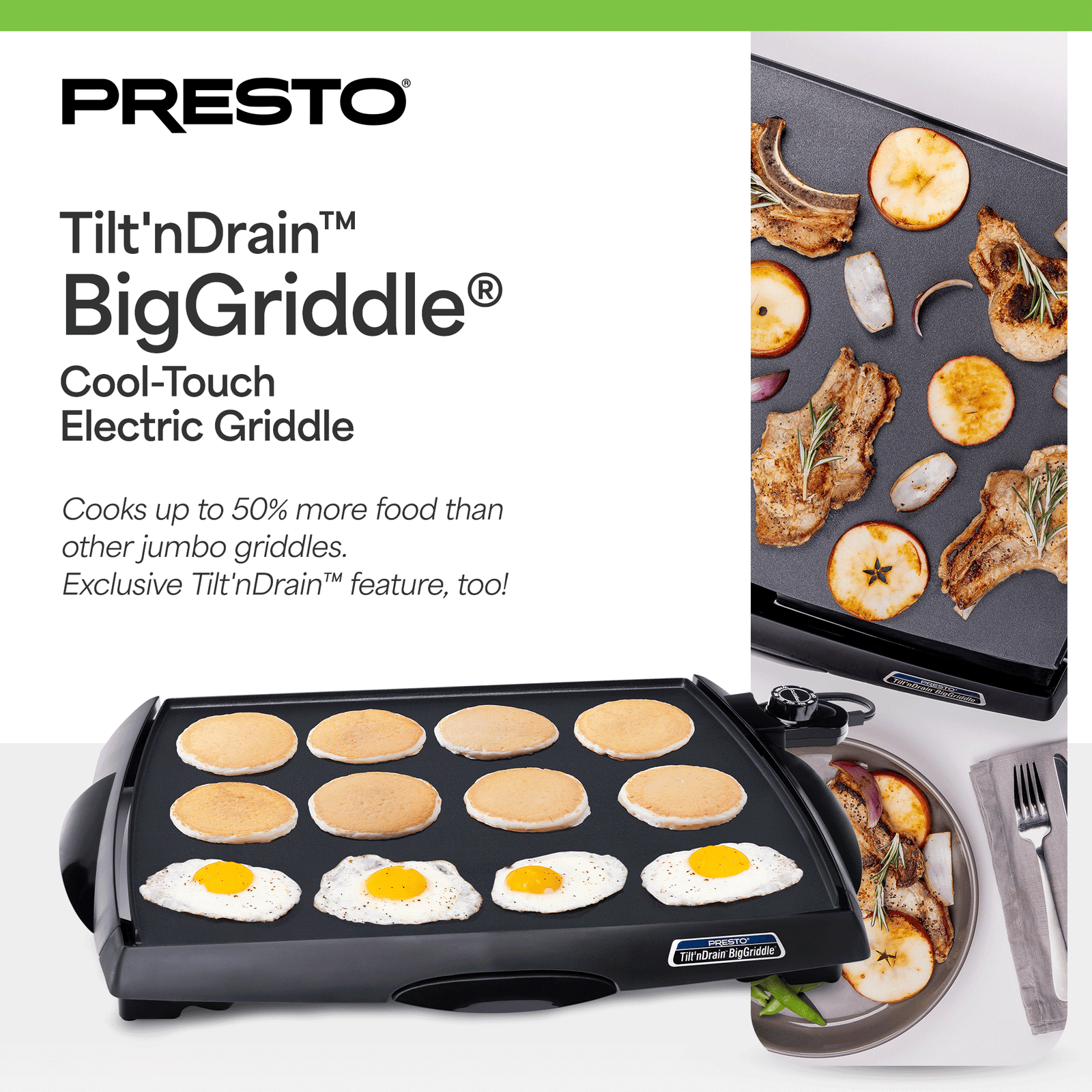 Presto Tilt 'n Drain Electric BigGriddle with Nonstick Ceramic Cooking Surface - VMInnovations