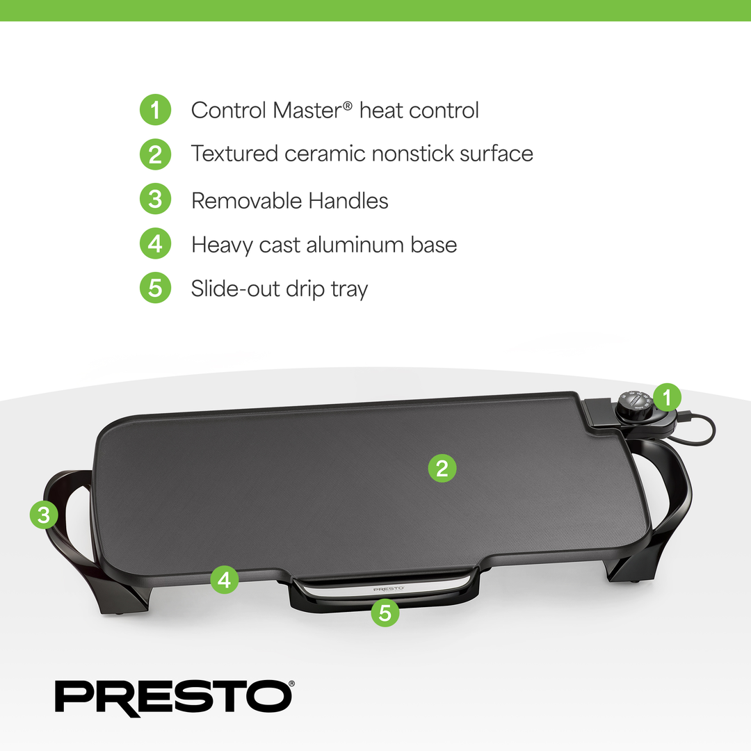 Presto 22" Electric Griddle with Removable Handles and Nonstick Cooking Surface