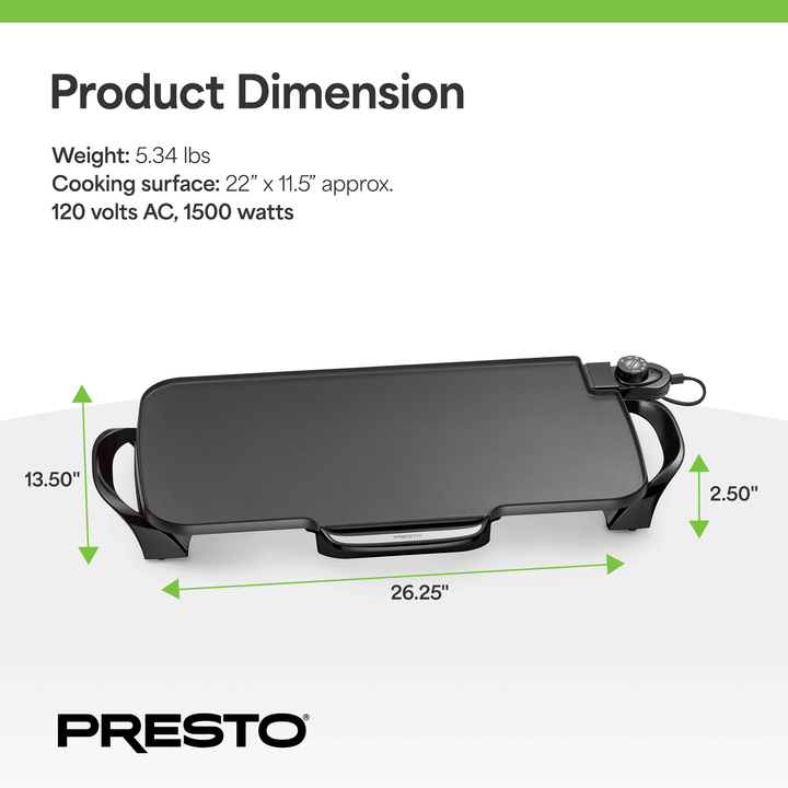 Presto 22" Electric Griddle with Removable Handles and Nonstick Cooking Surface