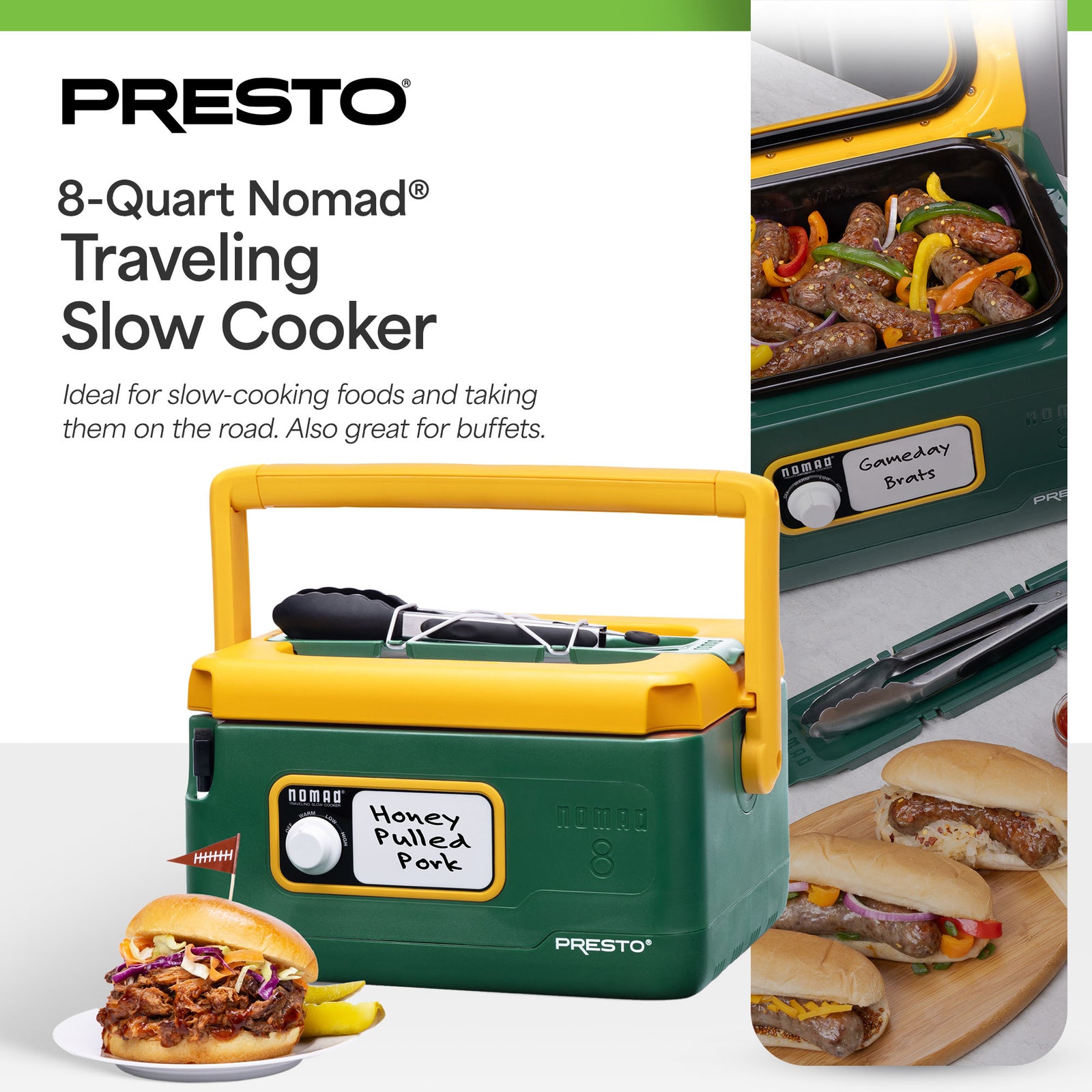 Presto 06019 8 Qt Nomad Portable Electric Slow Cooker, Locking Lid, Green/Gold - VMInnovations