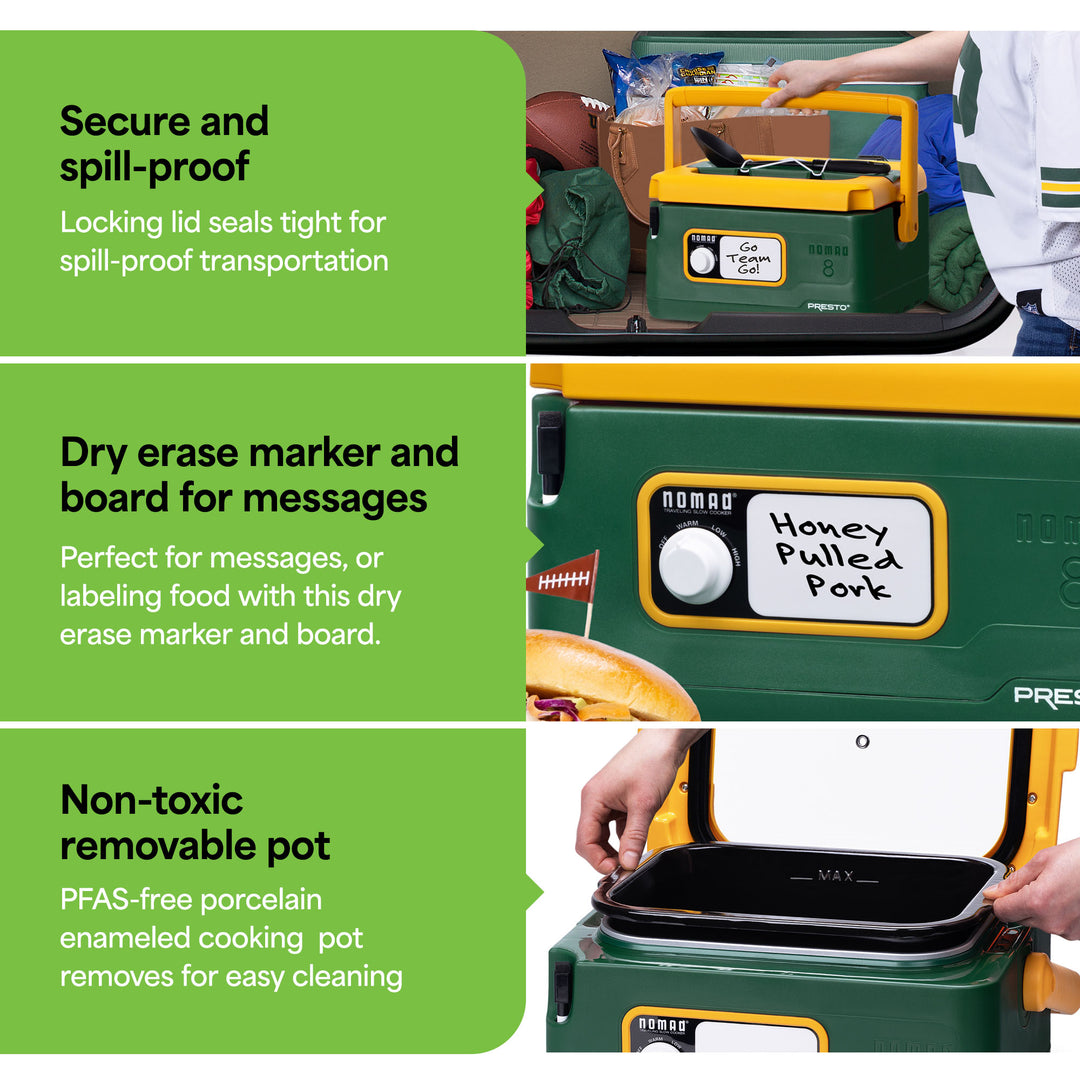 Presto 06019 8 Qt Nomad Portable Electric Slow Cooker, Locking Lid, Green/Gold - VMInnovations