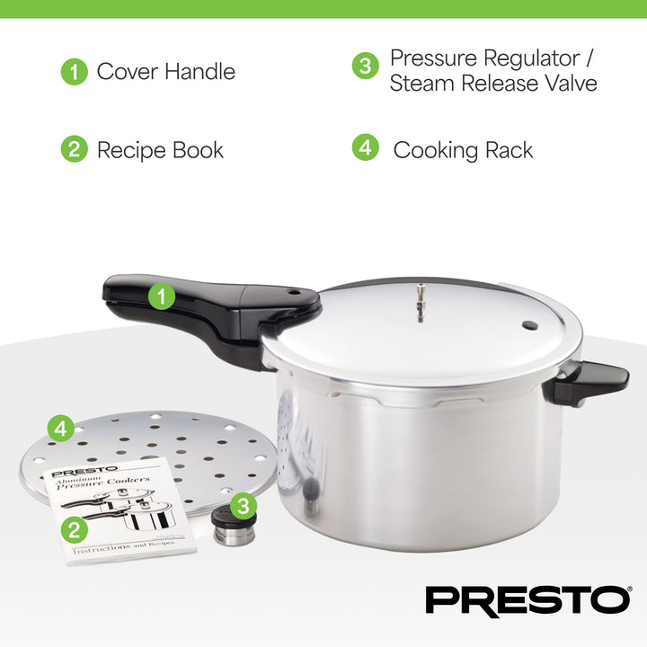 Presto 01282 8 Quart Aluminum Pressure Cooker, Regulator & Cover Lock, Silver - VMInnovations