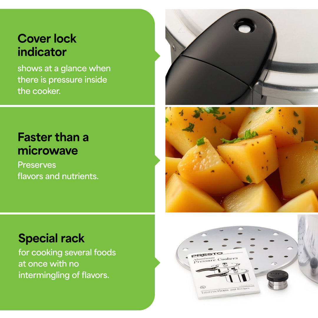 Presto 01282 8 Quart Aluminum Pressure Cooker, Regulator & Cover Lock, Silver - VMInnovations